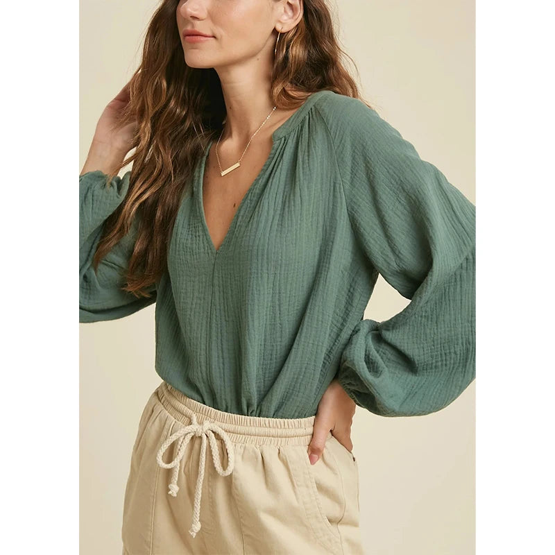 Cotton Muslin V-Neck Shirt